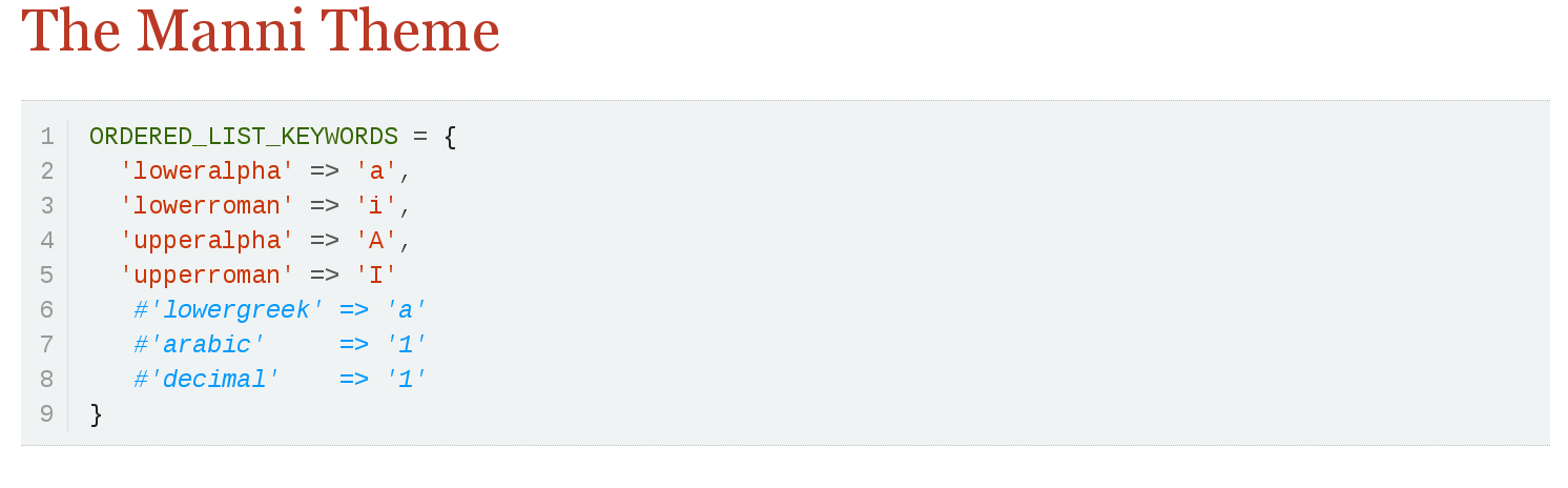 Line numbers and a custom Pygments theme for a source block.