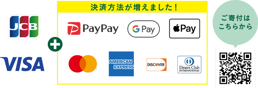 キャッシュレス決済（JCB、VISA、PayPay、Apple Pay、Mastercard、American Express、Discover Card、Diners Club INTERNATIONALほか）。