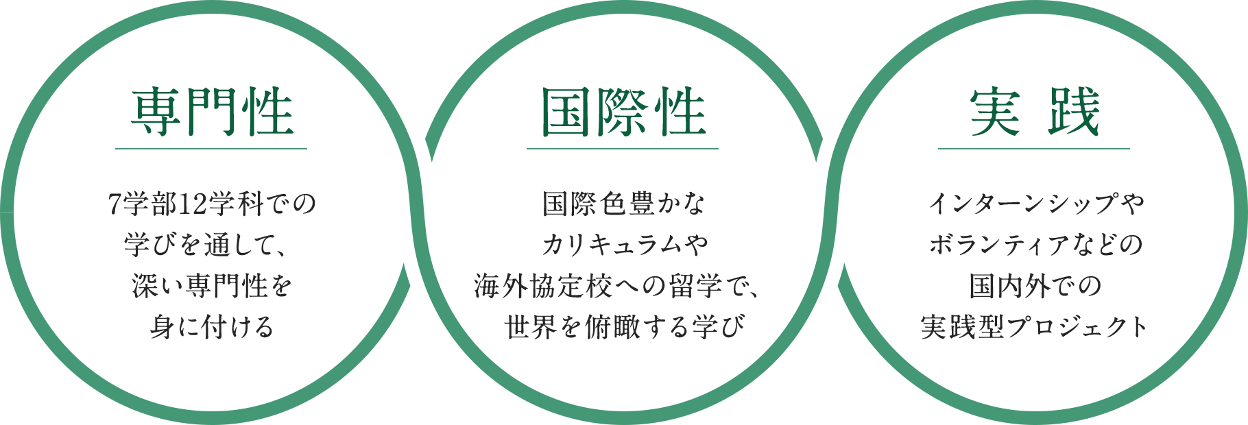 専門性 7学部12学科での学びを通して、深い専門性を身に付ける 国際性 国際色豊かなカリキュラムや海外協定校への留学で、世界を俯瞰する学び 実践 インターンシップやボランティアなどの国内外での実践型プロジェクト